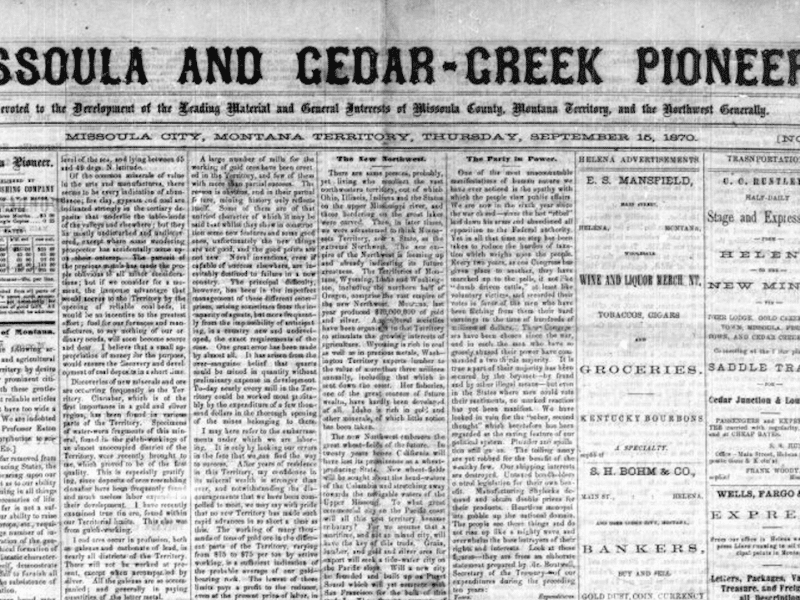 The "Missoula and Cedar Creek Pioneer's" first issue in 1870.