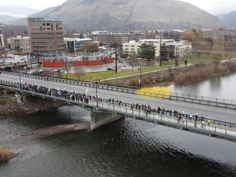 Missoulians protest the Israel-Hamas war on Beartracks Bridge in early November.